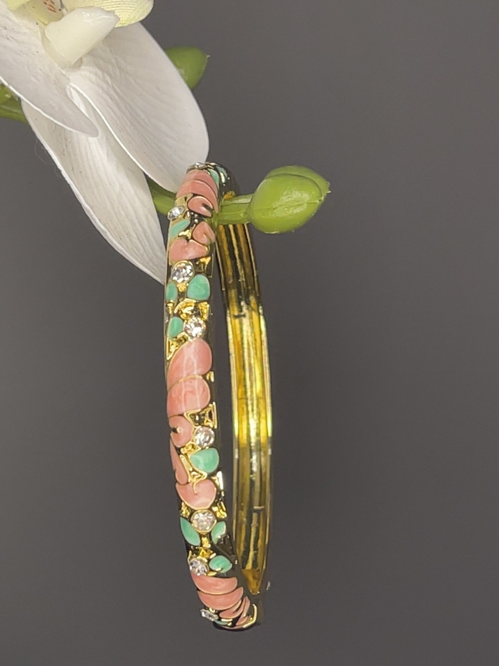 Gold Tone Pink and Turquoise Enamel Hinged Bangle Bracelet